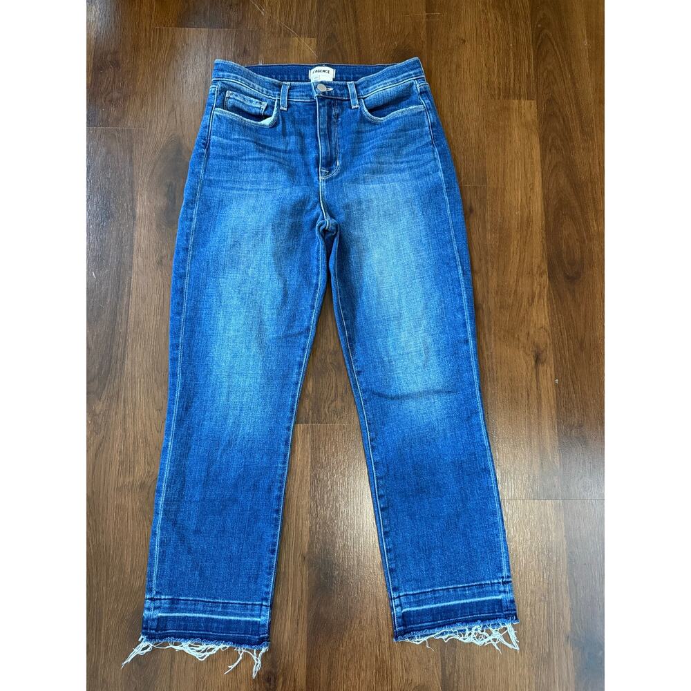 L'Agence Harris Frayed High Rise Cropped Jeans Sz 28 Dark Wash Denim Casual - Picture 2 of 8